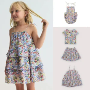 Girls Verbena Print Summer Collection – Matching Baby Romper & Sisters Skirt Set