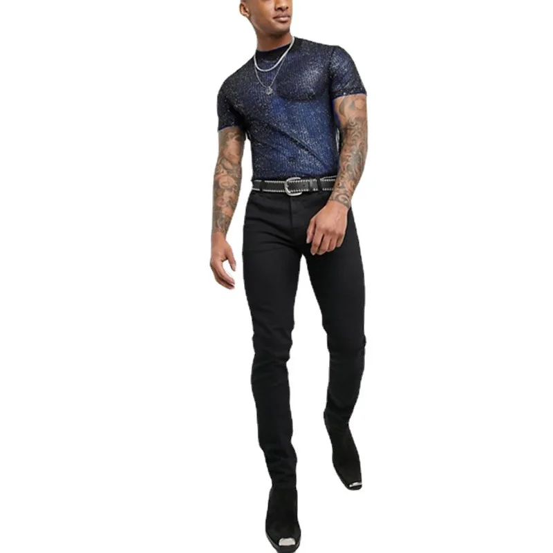 Mesh T-shirts Men Sexy Tops Round Neck See-through - Image 5