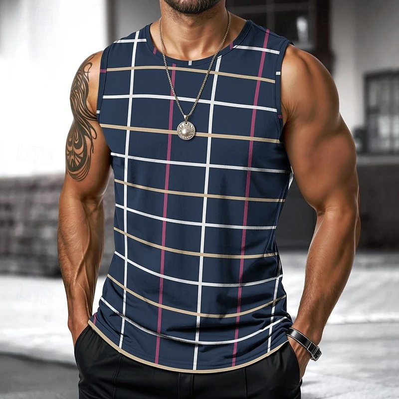 Retro Men's Vest Top 3D Print Plaid Striped Graphic Sleeveless Shirt Crew Neck Loose Streetwear Summer Fashion Casual Tank Tops - Image 4