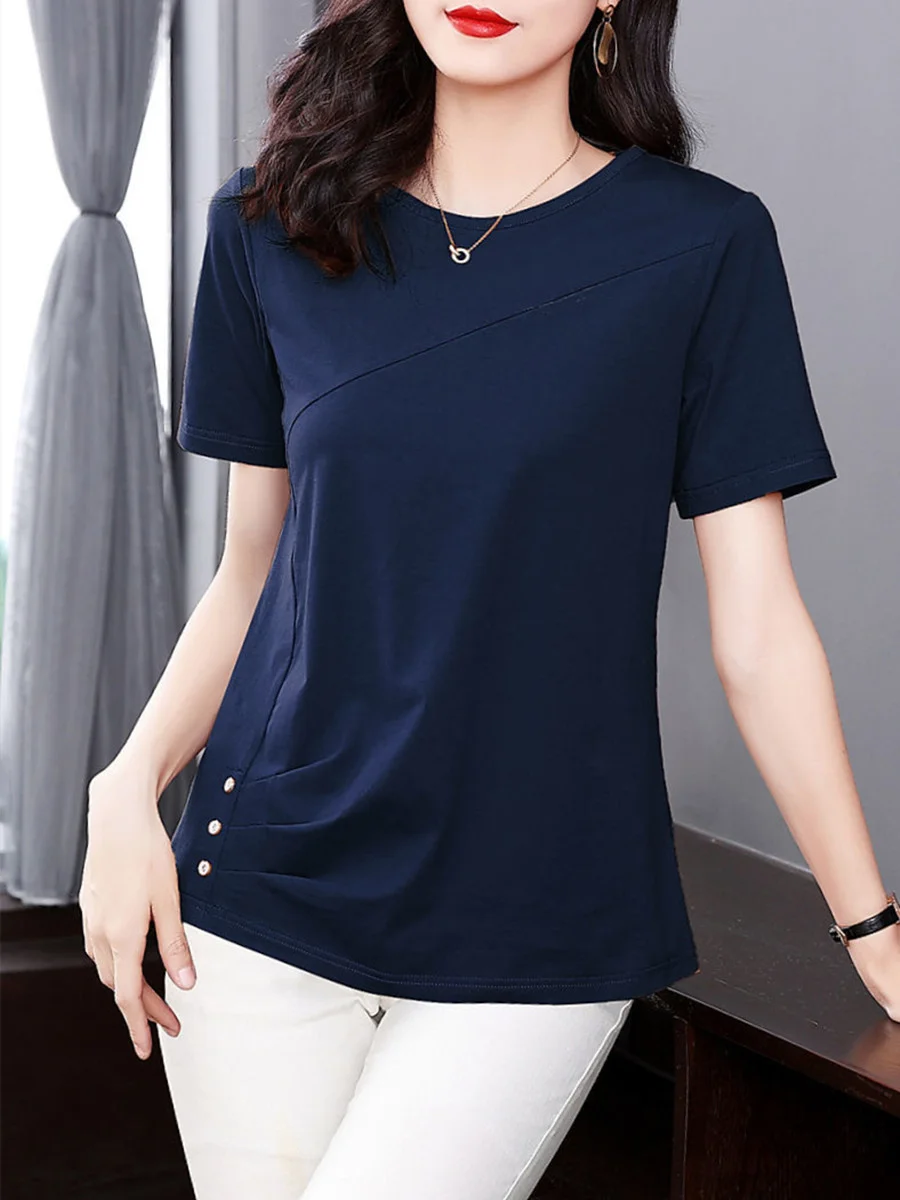 5XL Women Summer Spring cotton Blouses Shirts Lady Fashion Casual Short Sleeve O-Neck Solid Color T-shirt Blusas Tops MM2069 - Image 2