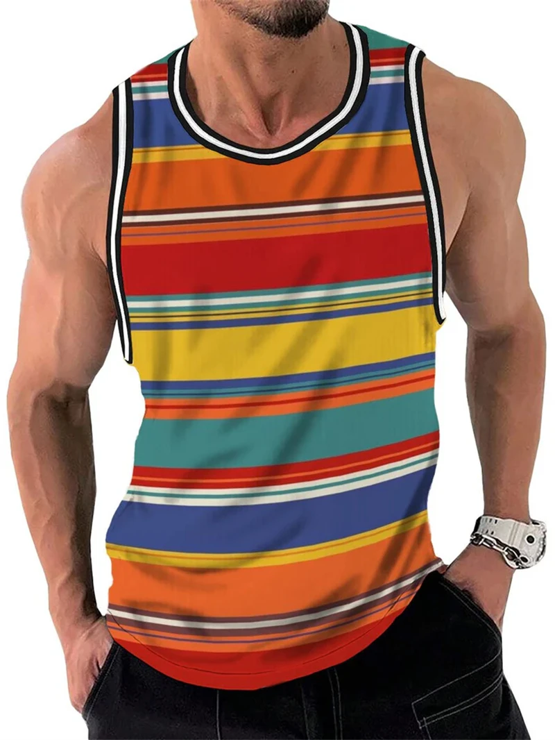 Retro Stripe Graphic Tank Tops For Men Fashion Casual Summer Sleeveless 3D Printed Vest Loose Crew Neck Quick Dry Sports Tees - Image 5