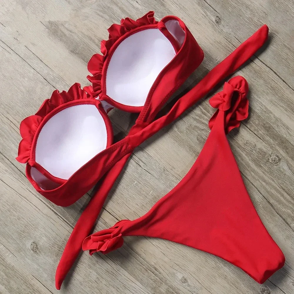 Sexy Frilled Bra Cup Bikini Set – Ruffled Bandeau Push Up Two-Piece Swimwear - Image 2