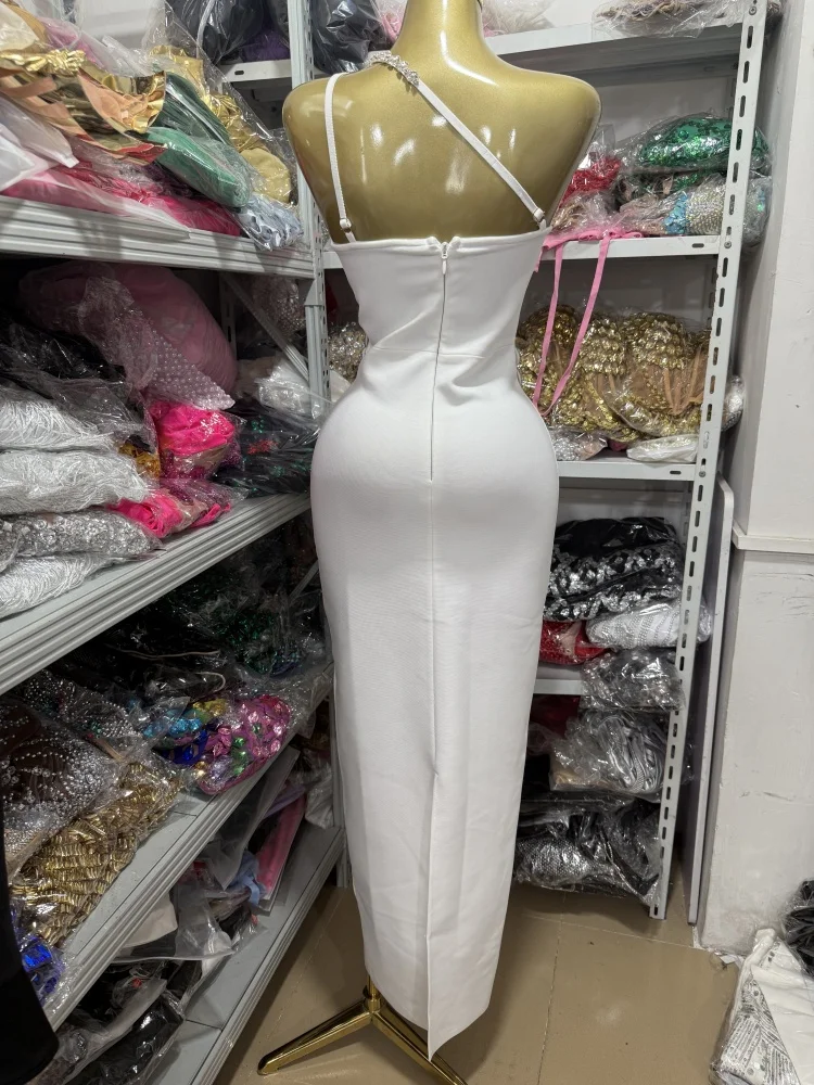 Women's Luxury White Bandage Dress Rhinestone One Shoulder Off The Shoulder Backless Sexy Tight Bodycon Hip Hugging Cocktail Party Mini Dress - Image 5