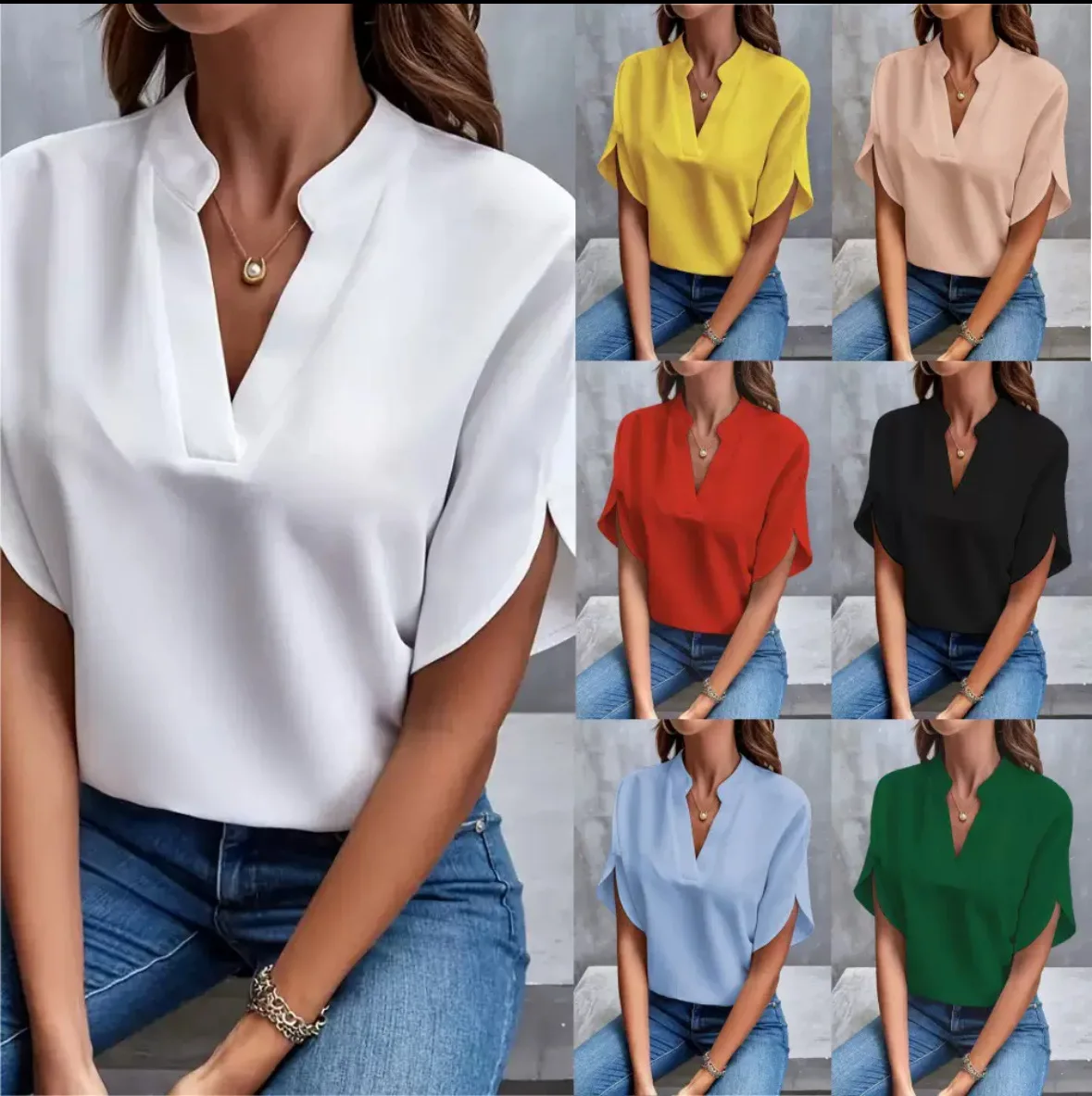 Women’s Elegant V-Neck Half Sleeve Blouse – Casual Loose Solid Color Top - Image 2
