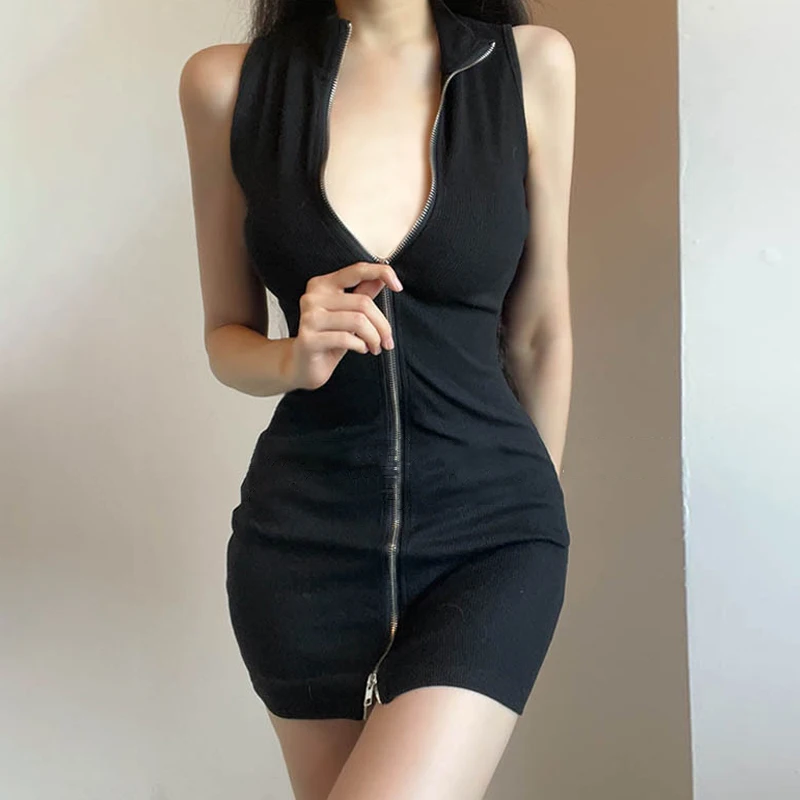 Sexy Stand Collar Zipper Wrapped Party Club Sheath Women Sleeveless Mini Dress - Image 5