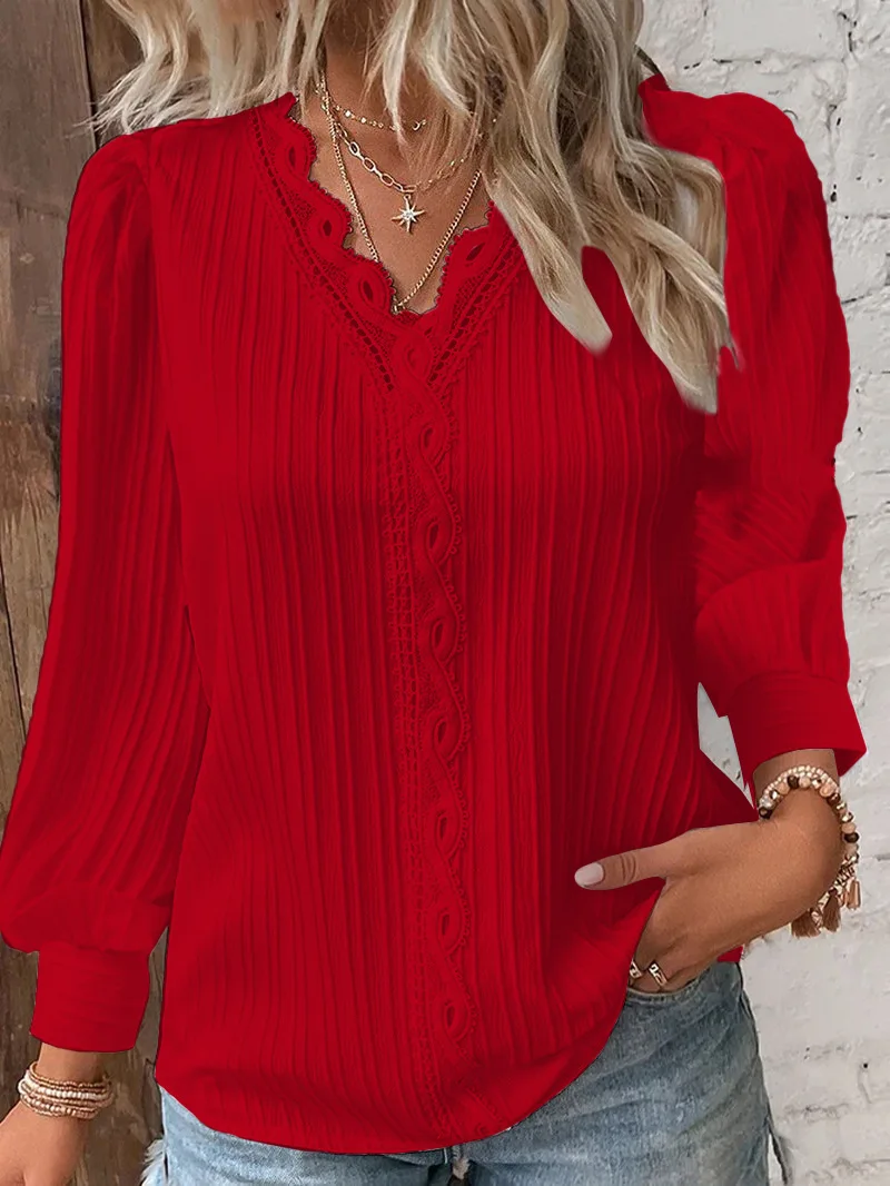 Women’s Elegant V-Neck Hollow Lace Patchwork Blouse – Chic Long Sleeve Casual Top - Image 6
