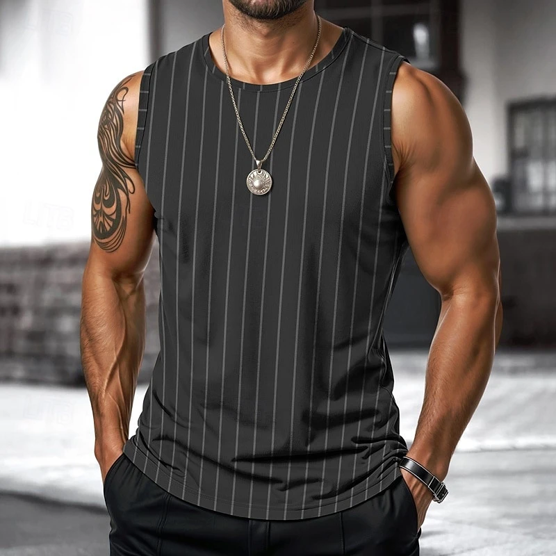 Retro Men's Vest Top 3D Print Plaid Striped Graphic Sleeveless Shirt Crew Neck Loose Streetwear Summer Fashion Casual Tank Tops - Image 2