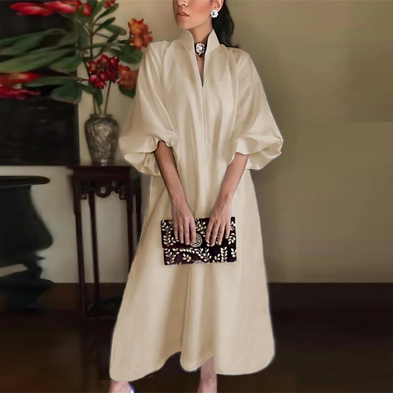 Cotton Linen Fashion Maxi Dress For Women Casual V Neck Long Sleeve White Party Dress Women Casual Half Sleeve Loose Long Dress - Image 6