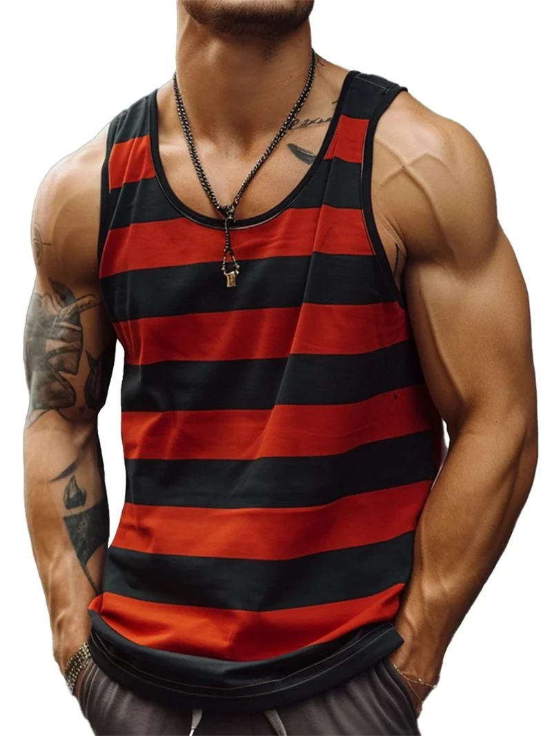 Summer Retro Stripe Graphic Tank Tops For Men Fashion Sleeveless 3D Printed Fitness Vest Loose Crew Neck Quick Dry Sports Tops - Image 8