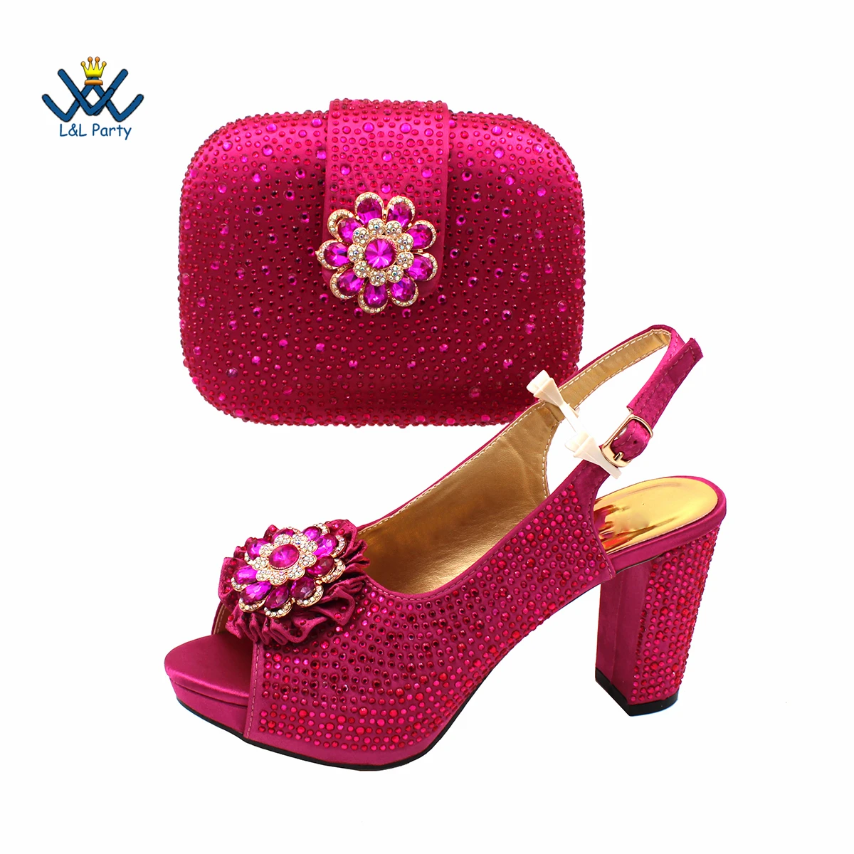 Elegant Magenta Crystal Party Sandals – Luxury African-Style Women’s Matching Shoe and Bag Set - Image 3