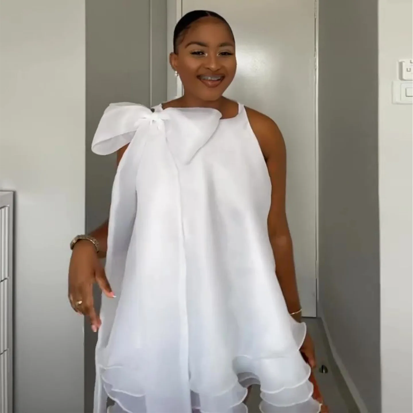 Women's Elegant White Chiffon Mini Dress Sleeveless Ruffle Trim Bowneck Tiered Cocktail Party Dress Lightweight Beach Wedding Guest Summer Gown - Image 2