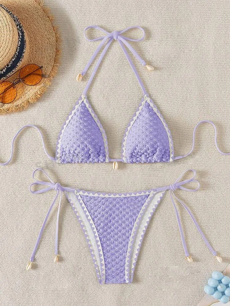 Women's White Contrast Micro Bikini Set | Sexy Shell Ornament Push Up Swimsuit - Image 7