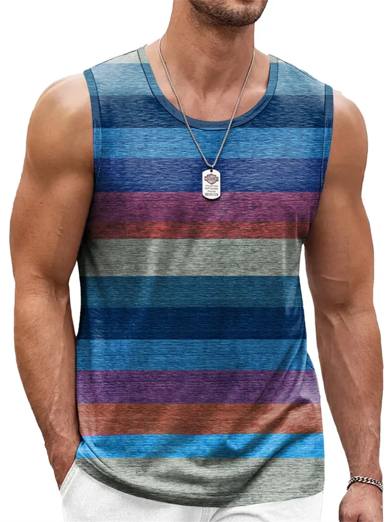 Retro Stripe Graphic Tank Tops for Men Fashion Casual Summer Sleeveless 3D Printed Vest Loose Quick Dry Sports Bodybuilding Tees