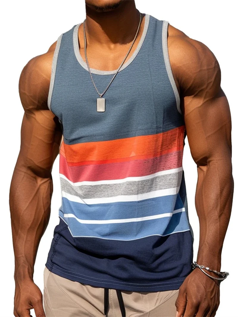 Retro Stripe Graphic Tank Tops for Men Fashion Casual Summer Sleeveless 3D Printed Vest Loose Quick Dry Sports Bodybuilding Tees - Image 21