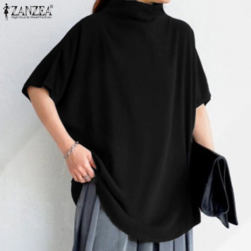 Women's Solid Cotton Turtleneck Blouse – Casual Short-Sleeve Oversized Summer Top - Image 4