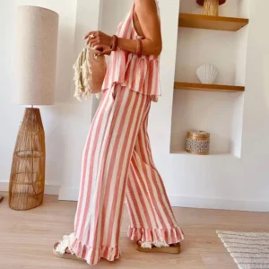 Women's Striped Tank Top & Wide Leg Pants Set | Sexy Summer Beach Lounge Matching Outfit
