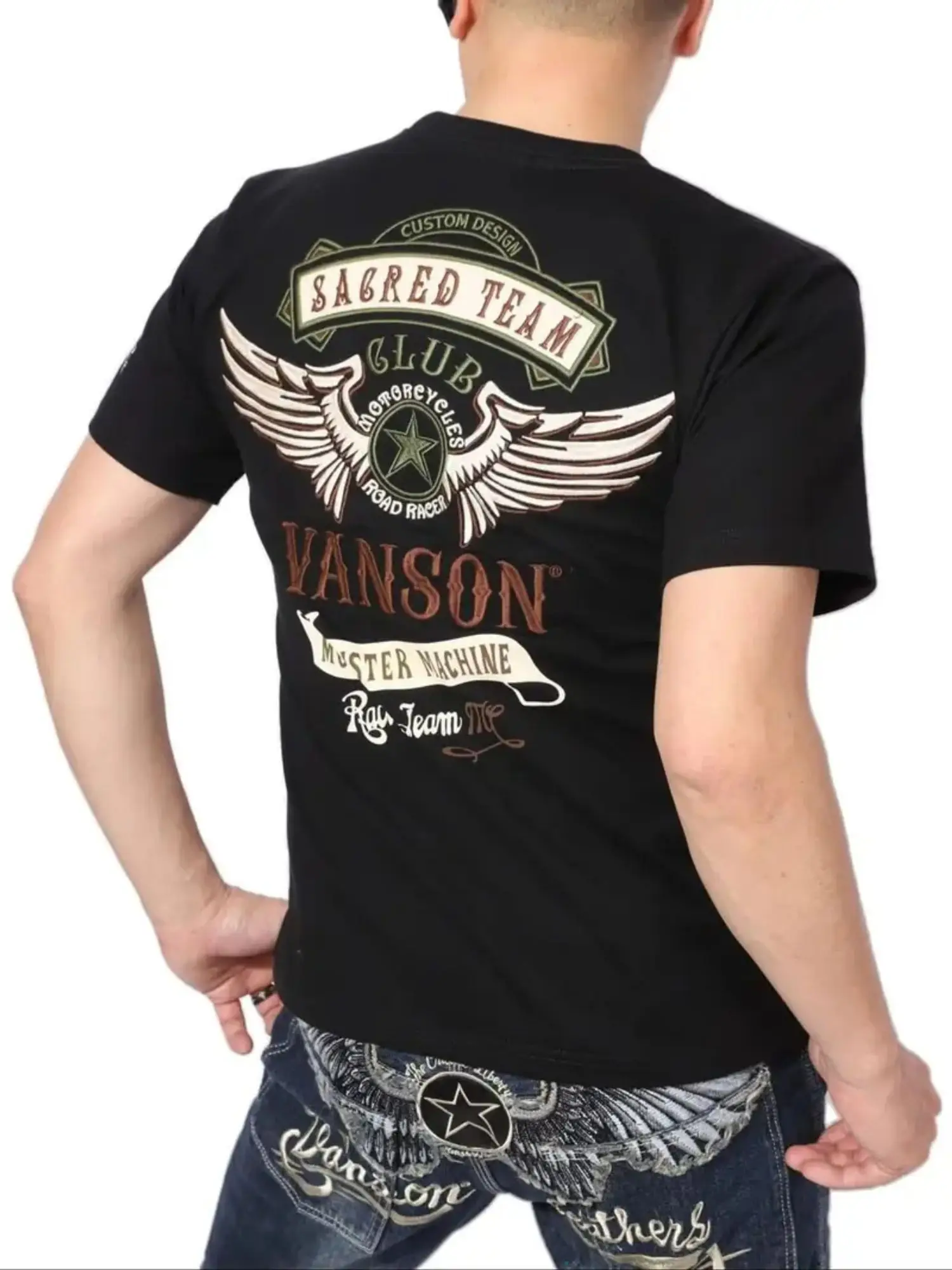 Men's T-shirt - Black Casual Short-sleeved Top with White and Red Wing