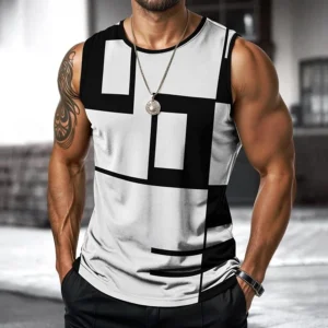 Retro Men's Vest Top 3D Print Plaid Striped Graphic Sleeveless Shirt Crew Neck Loose Streetwear Summer Fashion Casual Tank Tops