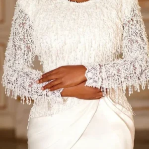 Women's Elegant White Long Sleeve Midi Dress Crew Neck Intricate Lace Stitching Luxury Tassel Trim Formal Evening Gown Cocktail Party Dress
