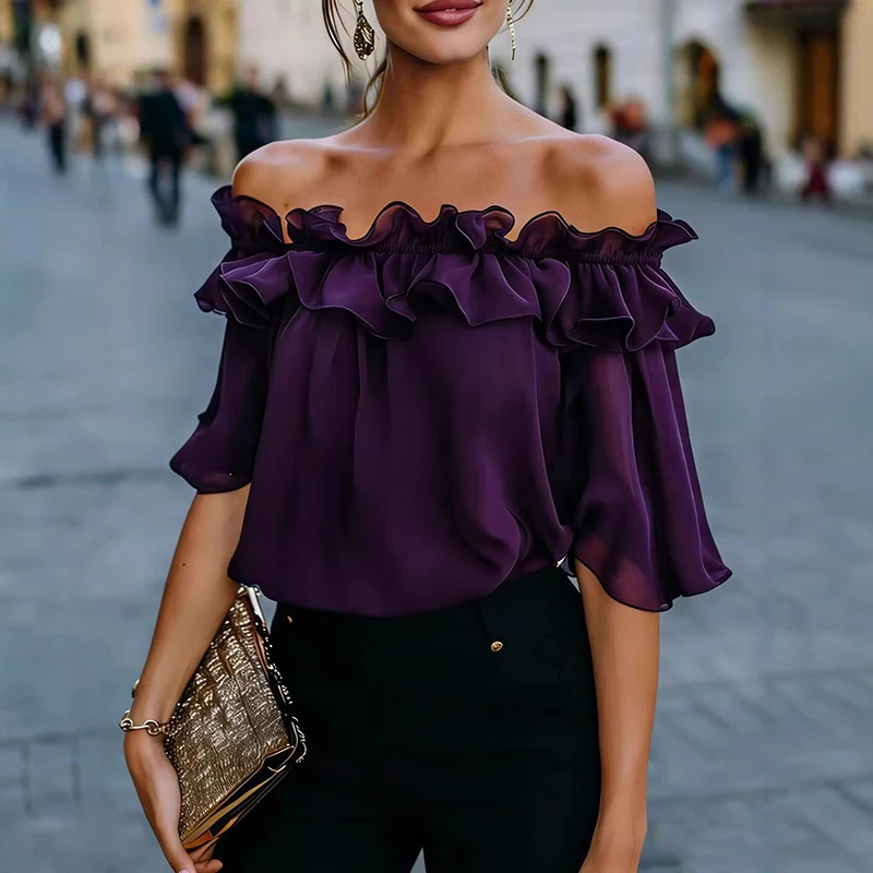 Elegant Off-Shoulder Short Sleeve Blouse – Solid Color Pullover Top - Image 7