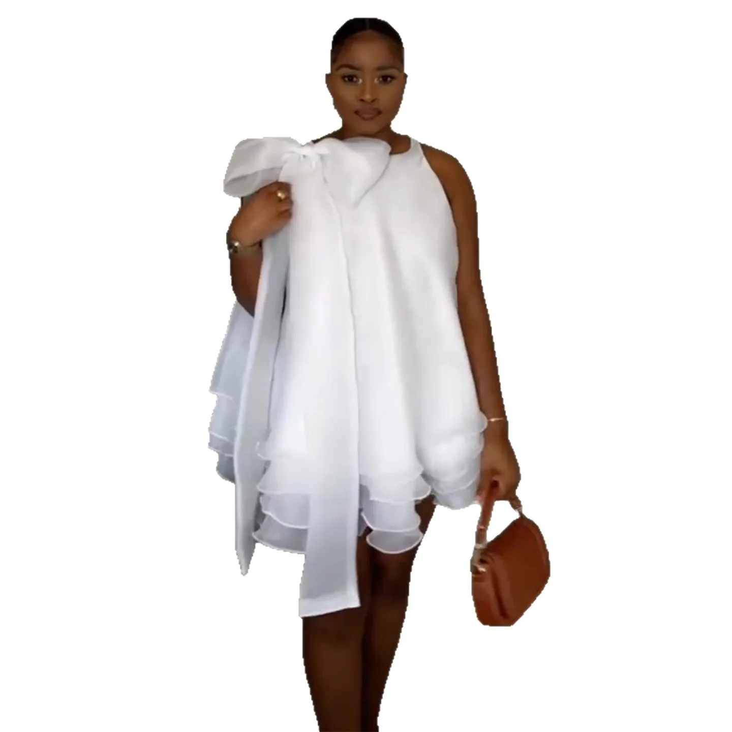 Women's Elegant White Chiffon Mini Dress Sleeveless Ruffle Trim Bowneck Tiered Cocktail Party Dress Lightweight Beach Wedding Guest Summer Gown - Image 5