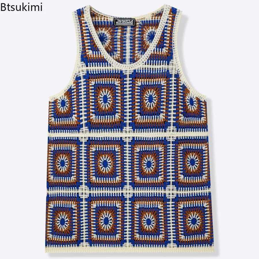 New Men's Retro Boho Crochet Tank Tops Summer Casual Crew Neck Fashion Sleeveless Vest Ethnic Style Loose Breathable Sports Tops - Image 3