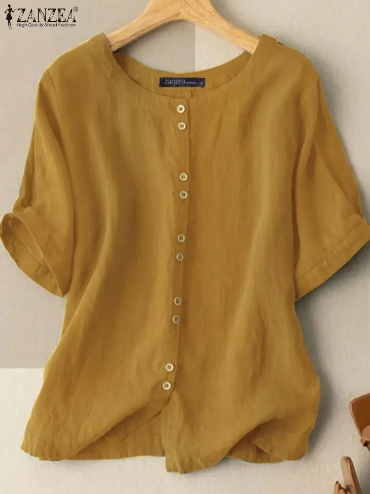 ZANZEA Summer Casual Loose Tunic Tops Women Vintage OL Shirt O Neck Short Sleeve Blouse Solid Cotton Blusas Buttons Down Chemise - Image 2