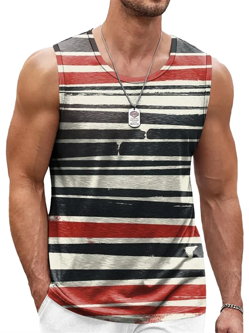 New Simple Color Striped 3D Printed Tank Tops Men Summer Sleeveless Casual Sports Vest Crew Neck Breathable Oversized Tees Tops - Image 4