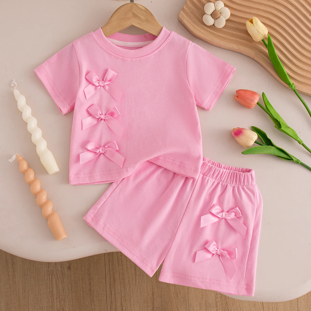 Cute Baby Girl Summer Clothes – Solid Short Sleeve Bow Top and Shorts Beach Set - Image 3