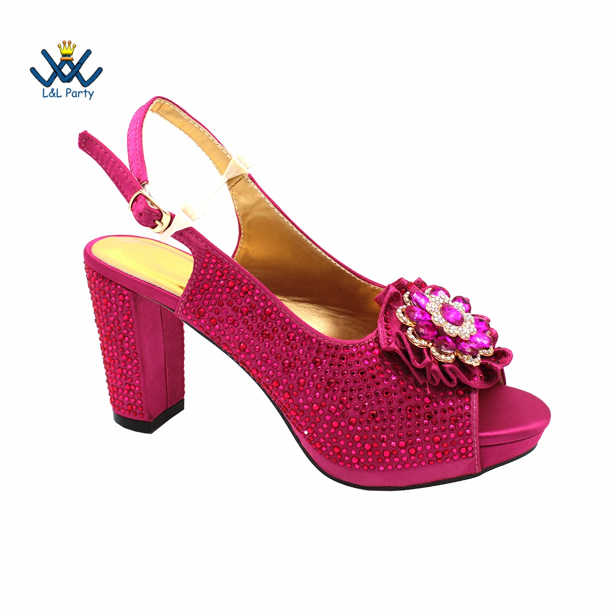 Elegant Magenta Crystal Party Sandals – Luxury African-Style Women’s Matching Shoe and Bag Set - Image 4