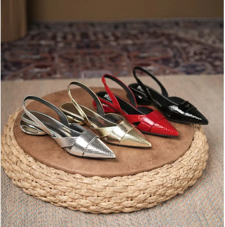 Women Sandals Luxury Designer Slingback Shoes Woman Pointed Toe Heels Golden Silver Red Pumps Block Heel Sandalias Femininas - Image 7