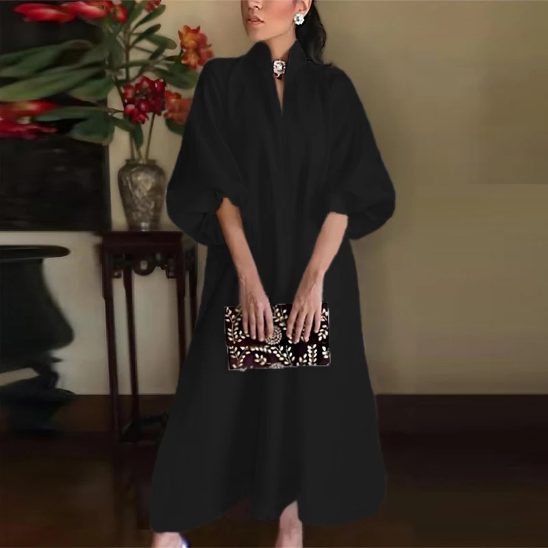 Cotton Linen Fashion Maxi Dress For Women Casual V Neck Long Sleeve White Party Dress Women Casual Half Sleeve Loose Long Dress - Image 2