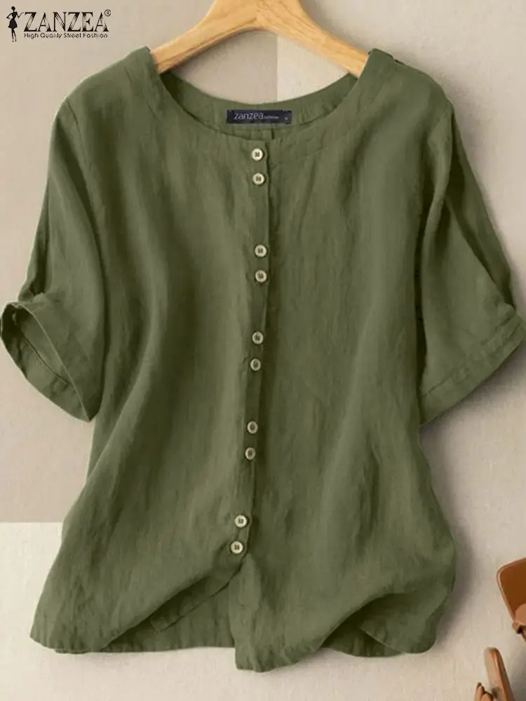 ZANZEA Summer Casual Loose Tunic Tops Women Vintage OL Shirt O Neck Short Sleeve Blouse Solid Cotton Blusas Buttons Down Chemise - Image 3