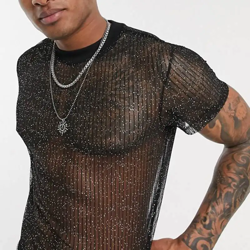 Mesh T-shirts Men Sexy Tops Round Neck See-through - Image 3
