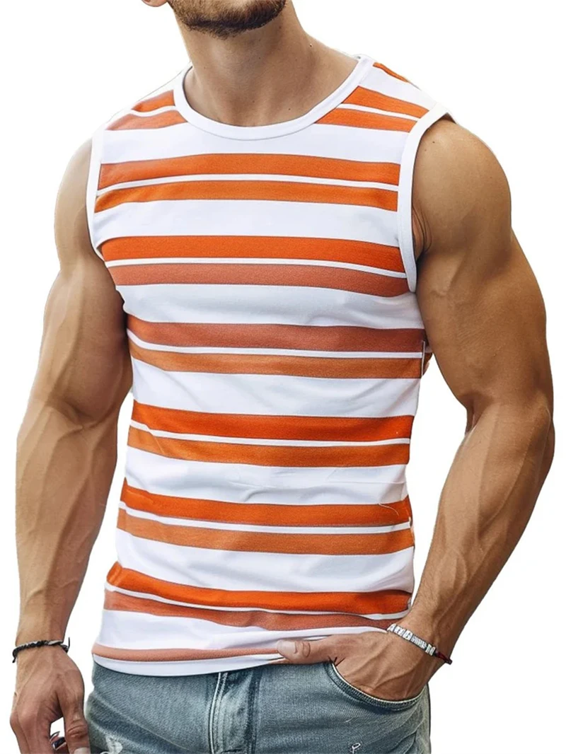 New Simple Color Striped 3D Printed Tank Tops Men Summer Sleeveless Casual Sports Vest Crew Neck Breathable Oversized Tees Tops - Image 6