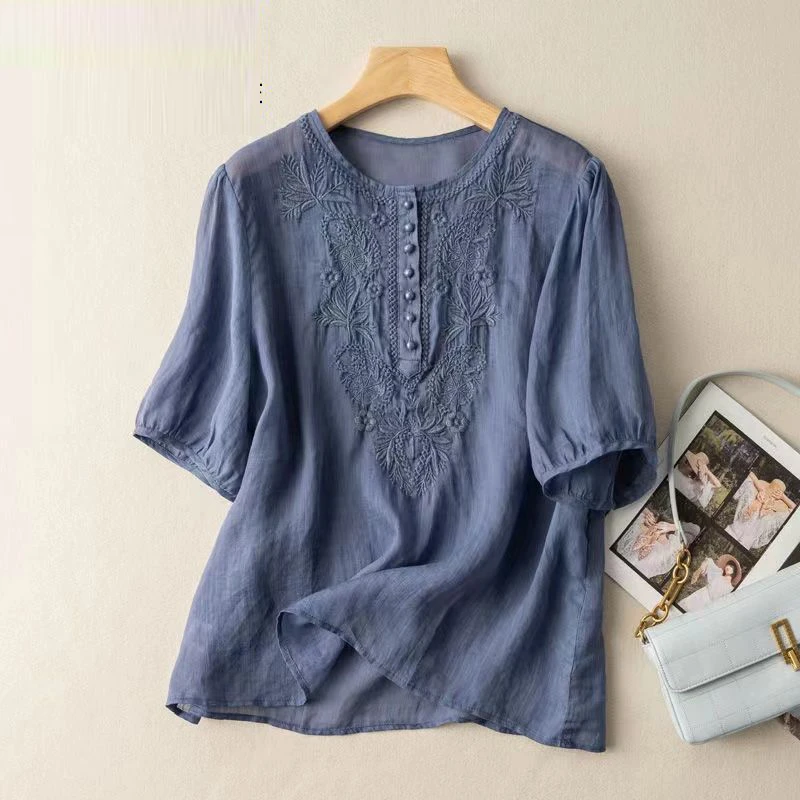 Women Clothing 2024Summer Vintage Ethnic Style Embroidery Cotton Linen Blouse Casual O Neck Short Sleeve Loose Tops Blusas Mujer - Image 5