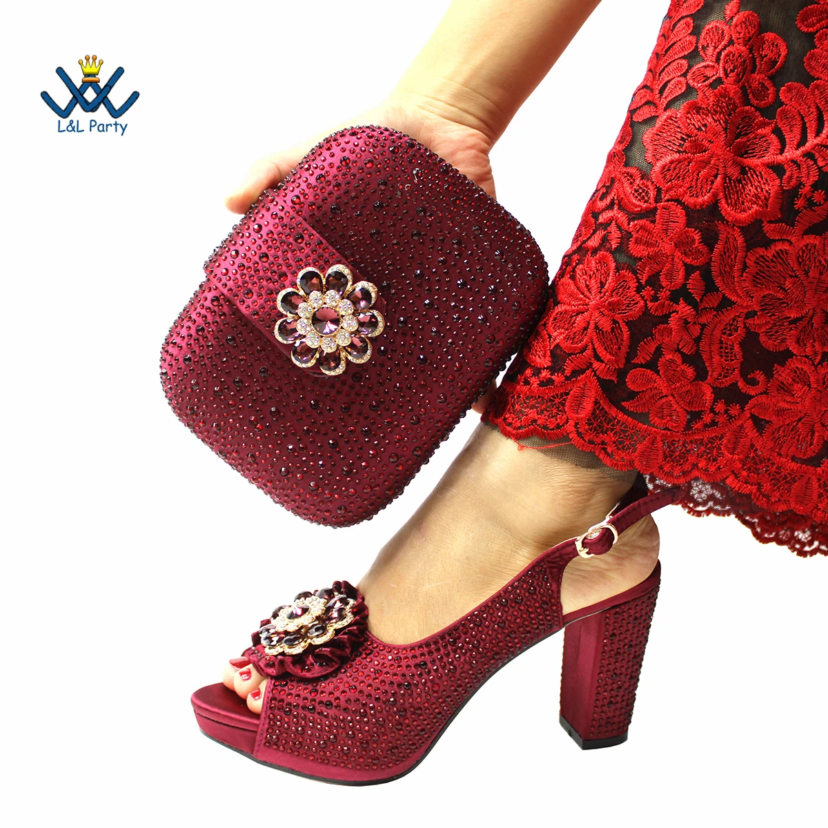 Elegant Magenta Crystal Party Sandals – Luxury African-Style Women’s Matching Shoe and Bag Set - Image 13