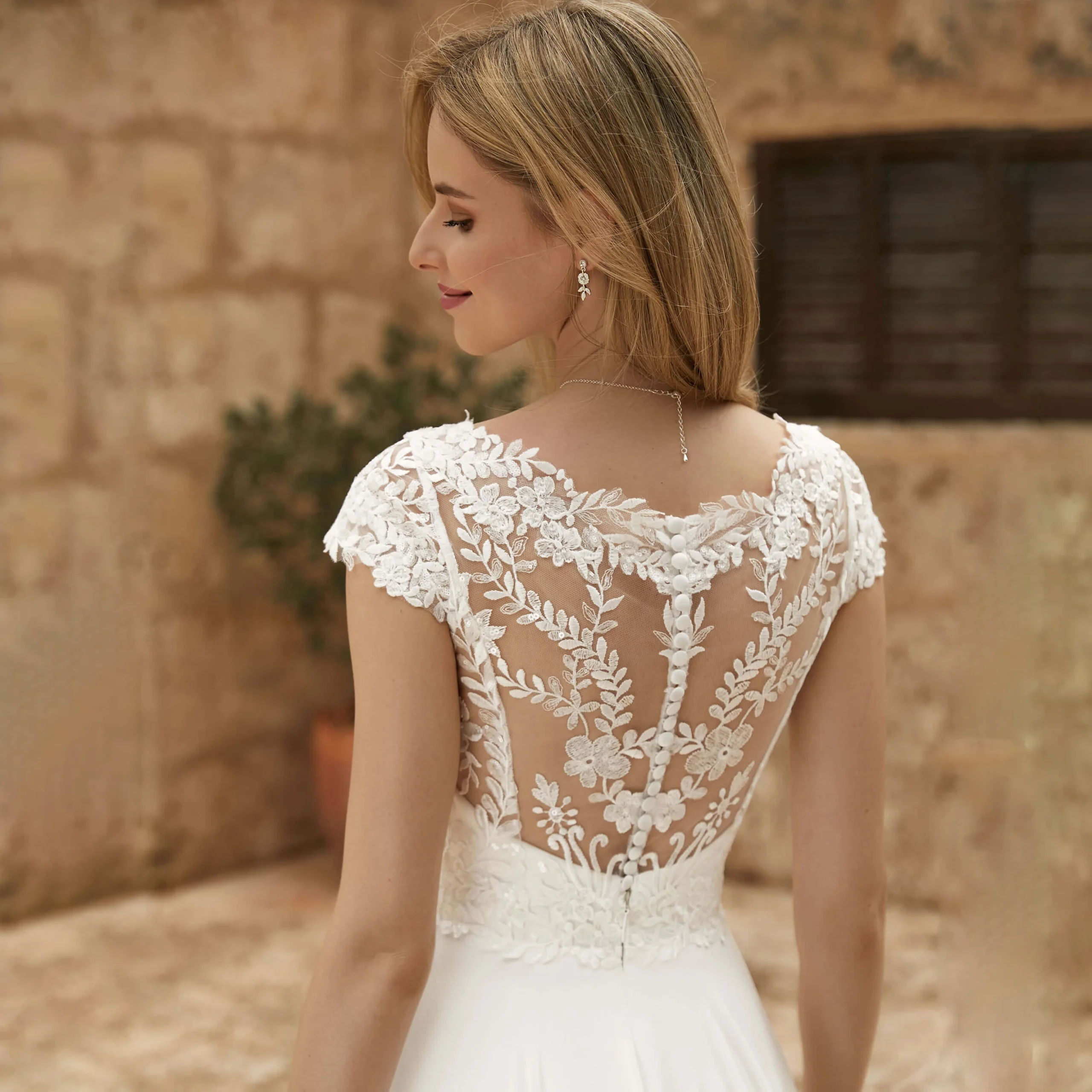 Cap Sleeve Floral Lace Chiffon Wedding Dress V Neck Sheer Back A Line Bridal Gown Long Train Outdoor Civil Wedding Custom Sizes - Image 5