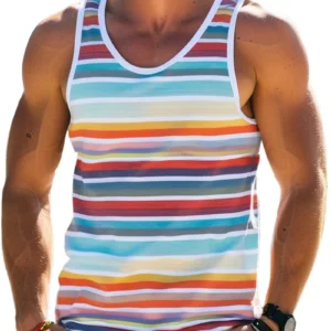 New Simple Color Striped 3D Printed Tank Tops Men Summer Sleeveless Casual Sports Vest Crew Neck Breathable Oversized Tees Tops