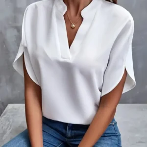 Women’s Elegant V-Neck Half Sleeve Blouse – Casual Loose Solid Color Top