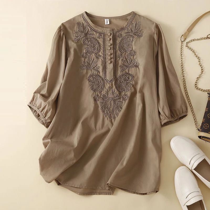 Women Clothing 2024Summer Vintage Ethnic Style Embroidery Cotton Linen Blouse Casual O Neck Short Sleeve Loose Tops Blusas Mujer - Image 3