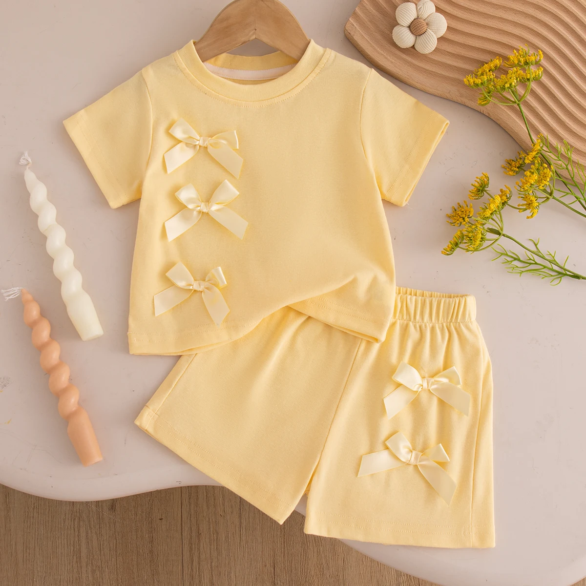 Cute Baby Girl Summer Clothes – Solid Short Sleeve Bow Top and Shorts Beach Set - Image 2