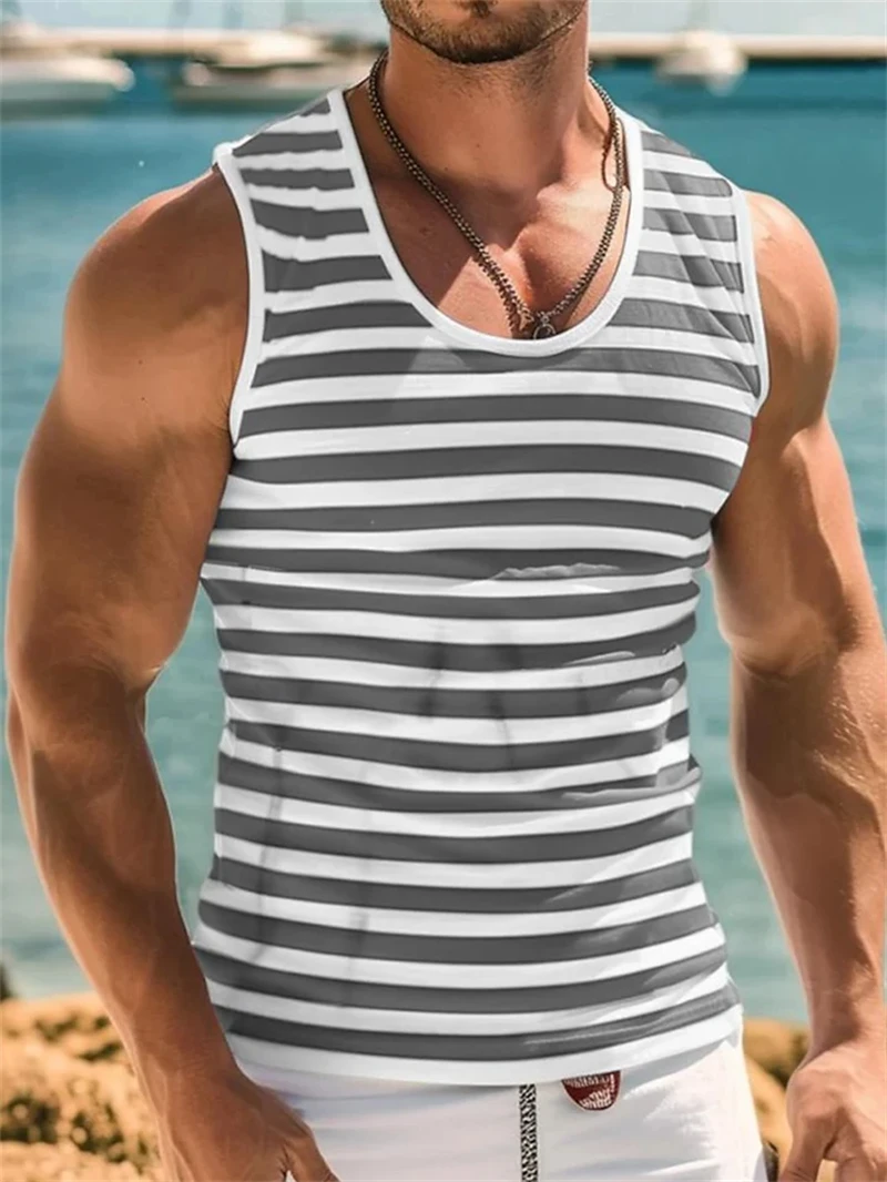 Retro Stripe Graphic Tank Tops for Men Fashion Casual Summer Sleeveless 3D Printed Vest Loose Quick Dry Sports Bodybuilding Tees - Image 13