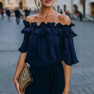 Elegant Solid Color Off Shoulder Women Shirt Blouses Short Sleeve Women Blouses White Pullover Elastic Collar Lady Shirt