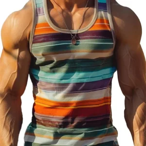 Retro Striped Graphic Tank Tops For Men Fashion Casual Summer Sleeveless 3D Printed Vest Loose Crew Neck Quick Dry Sports Tees