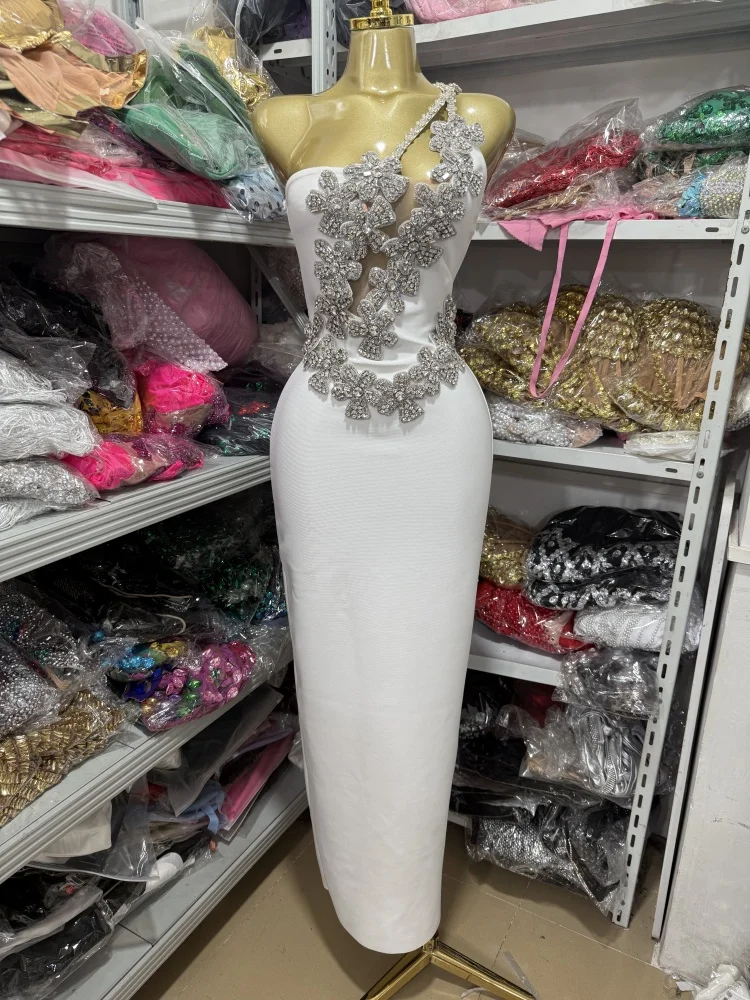Women's Luxury White Bandage Dress Rhinestone One Shoulder Off The Shoulder Backless Sexy Tight Bodycon Hip Hugging Cocktail Party Mini Dress - Image 2
