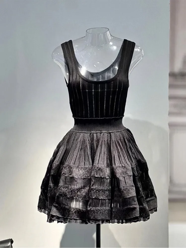 French Style Sleeveless Vest Dress – Exquisite Lace Stitching Mini Dress for Women - Image 2