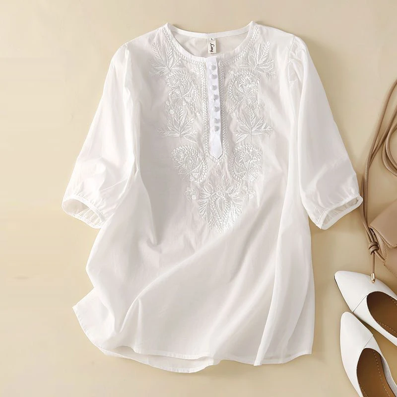 Women Clothing 2024Summer Vintage Ethnic Style Embroidery Cotton Linen Blouse Casual O Neck Short Sleeve Loose Tops Blusas Mujer - Image 2