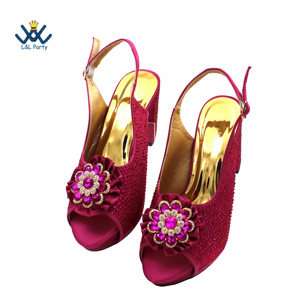 Elegant Magenta Crystal Party Sandals – Luxury African-Style Women’s Matching Shoe and Bag Set - Image 5