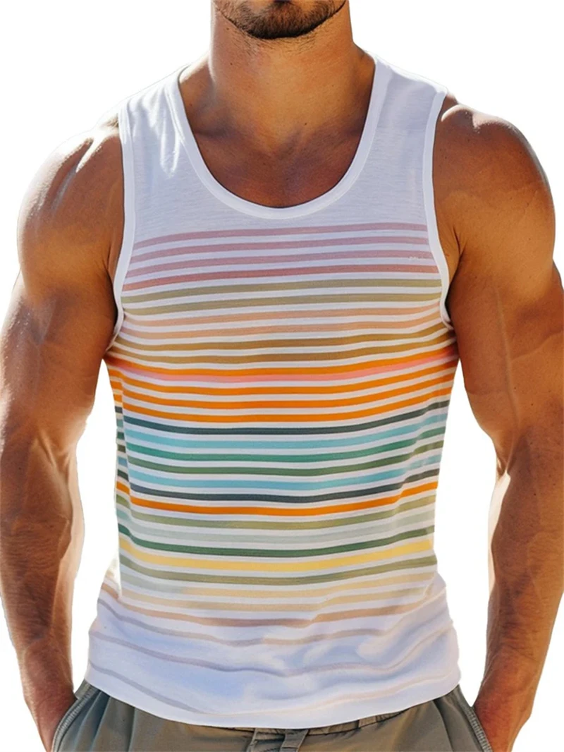 New Simple Color Striped 3D Printed Tank Tops Men Summer Sleeveless Casual Sports Vest Crew Neck Breathable Oversized Tees Tops - Image 8